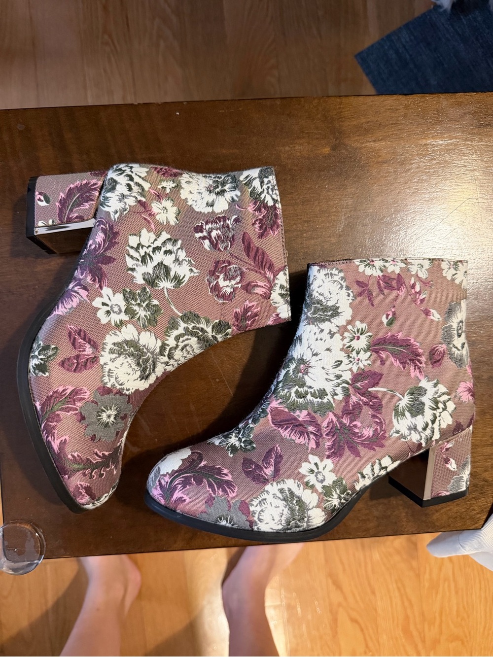 Vintage Floral Pink Block Heel Ankle Boots